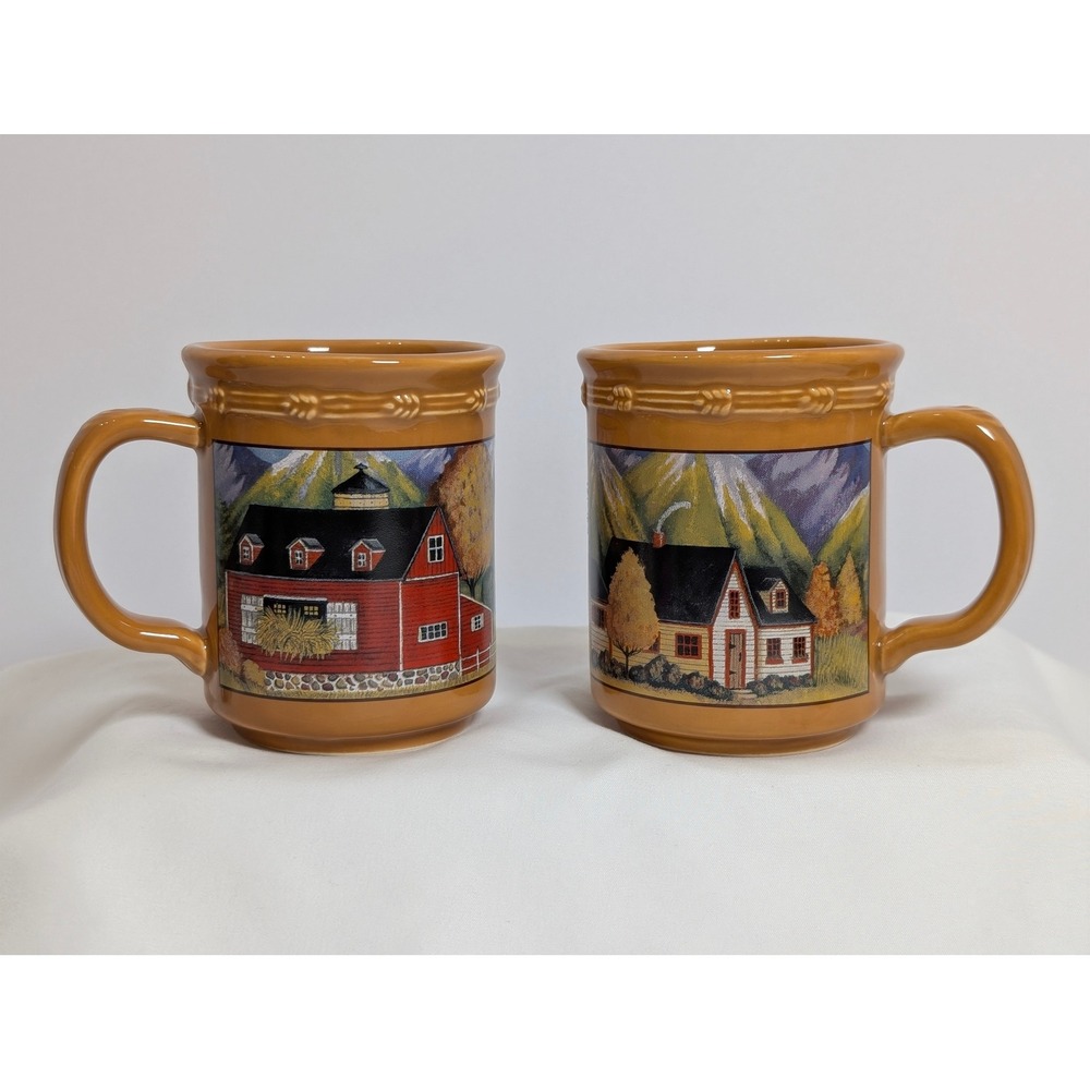 Vintage Russ Berrie Autumn Scene 8 oz Mugs Set of 2 Brown Red Barn Farmhouse